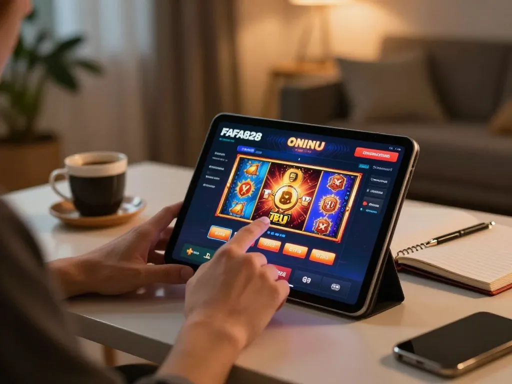 Player engaging with FAFA828 online casino on a tablet, showcasing a vibrant gaming interface and cozy atmosphere.