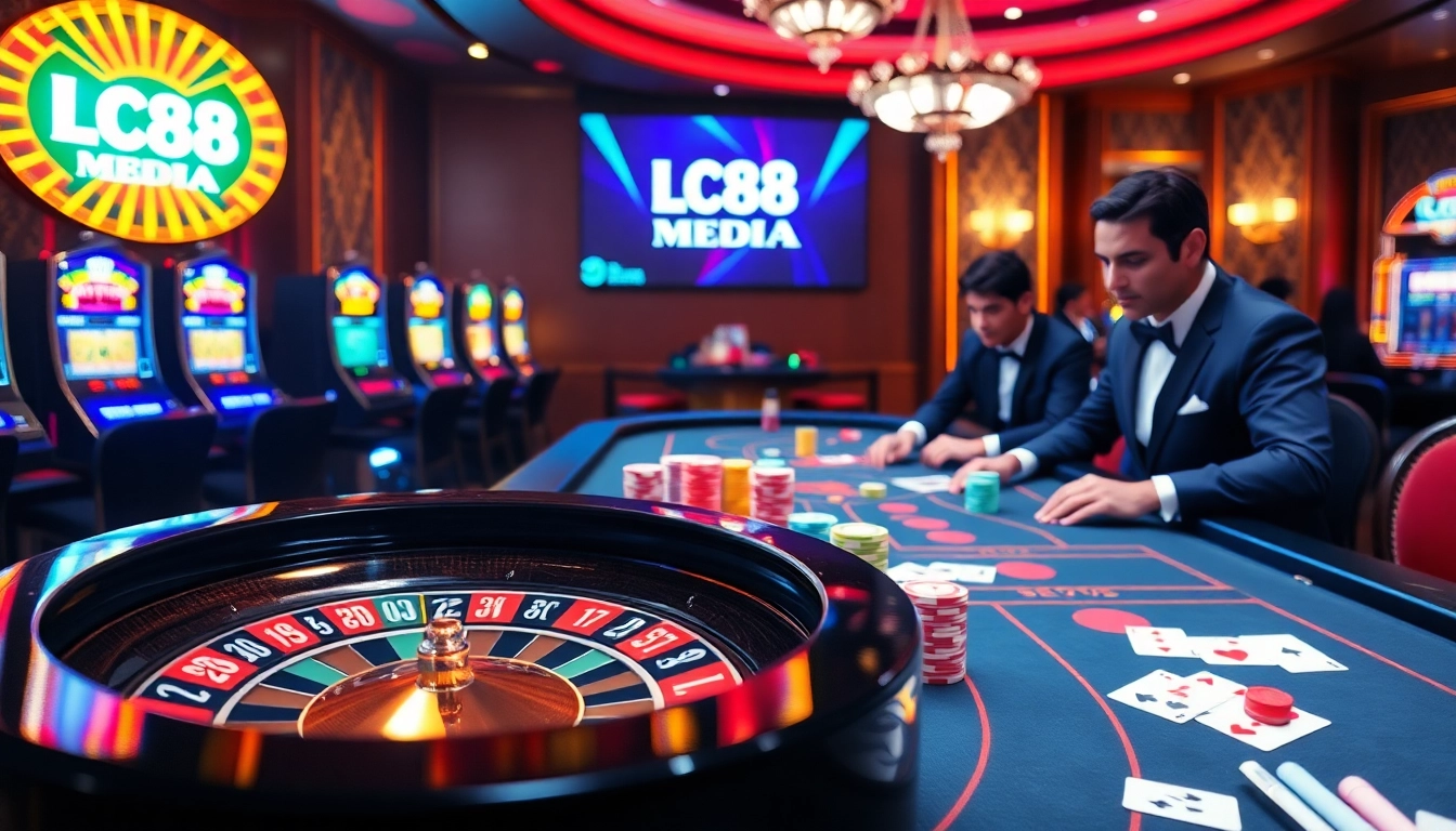 Experience exciting gameplay at LC88 Media Casino with vibrant poker and roulette action.