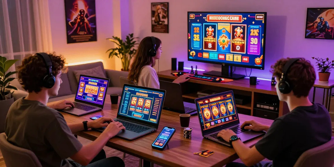 Exciting gaming scene showcasing players engaging with credit card casinos on laptops and mobile devices in a vibrant online casino atmosphere.