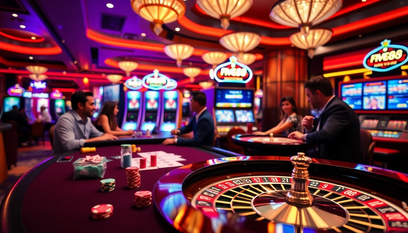 Experience the excitement of FIVE88 at a vibrant casino table featuring poker games and roulette.