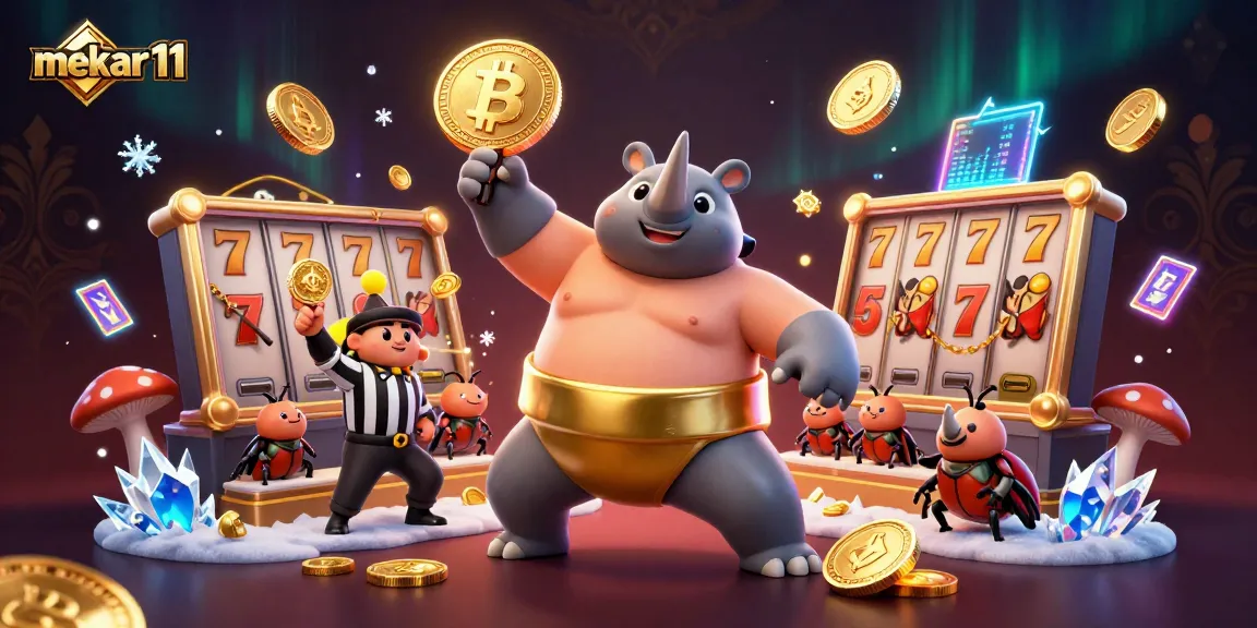 Mekar11 casino features a beetle champion amidst flying coins and vibrant slot elements.