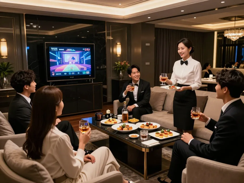 Guests experiencing the upscale atmosphere of 강남쩜오, enjoying premium drinks and entertainment in a luxurious private room.