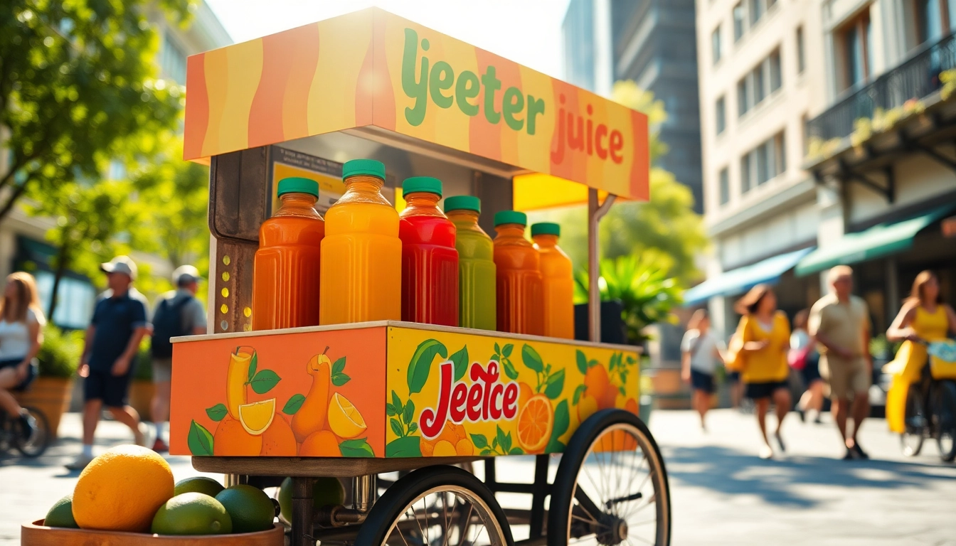 Engaging jeeter juice cart with colorful branding and fresh fruit in an urban setting