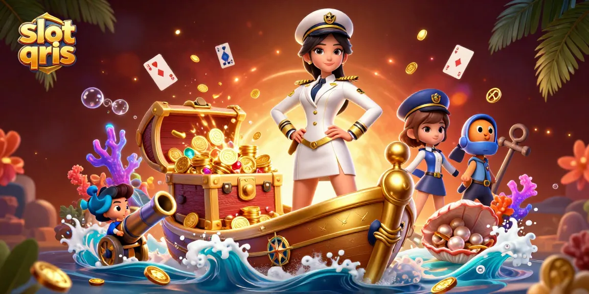 Win big with slot qris in a dynamic underwater treasure hunt illustration.