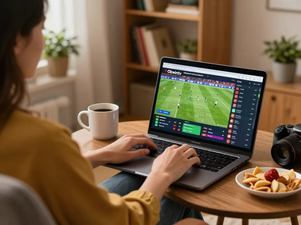 Engaging player placing a bet on Okwintv while watching a live football match on a laptop.