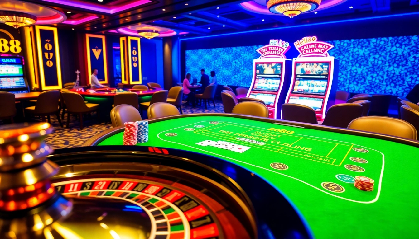 Engage with Hello88 at a luxurious casino table with lively poker chips and a roulette wheel.