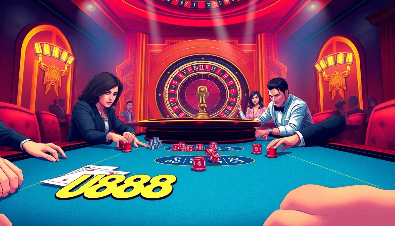 U888 gaming table with poker chips and cards, showcasing an exciting casino atmosphere.