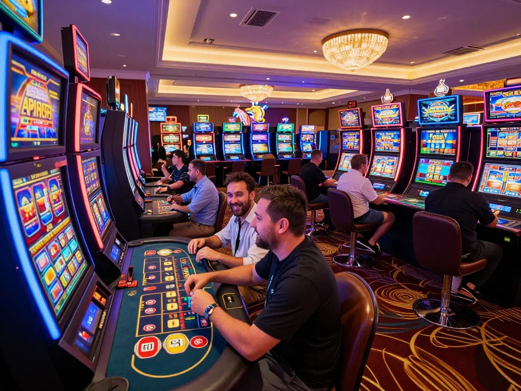 Players enjoying thrilling slot games at au88 casino, surrounded by colorful lights and an exciting atmosphere.
