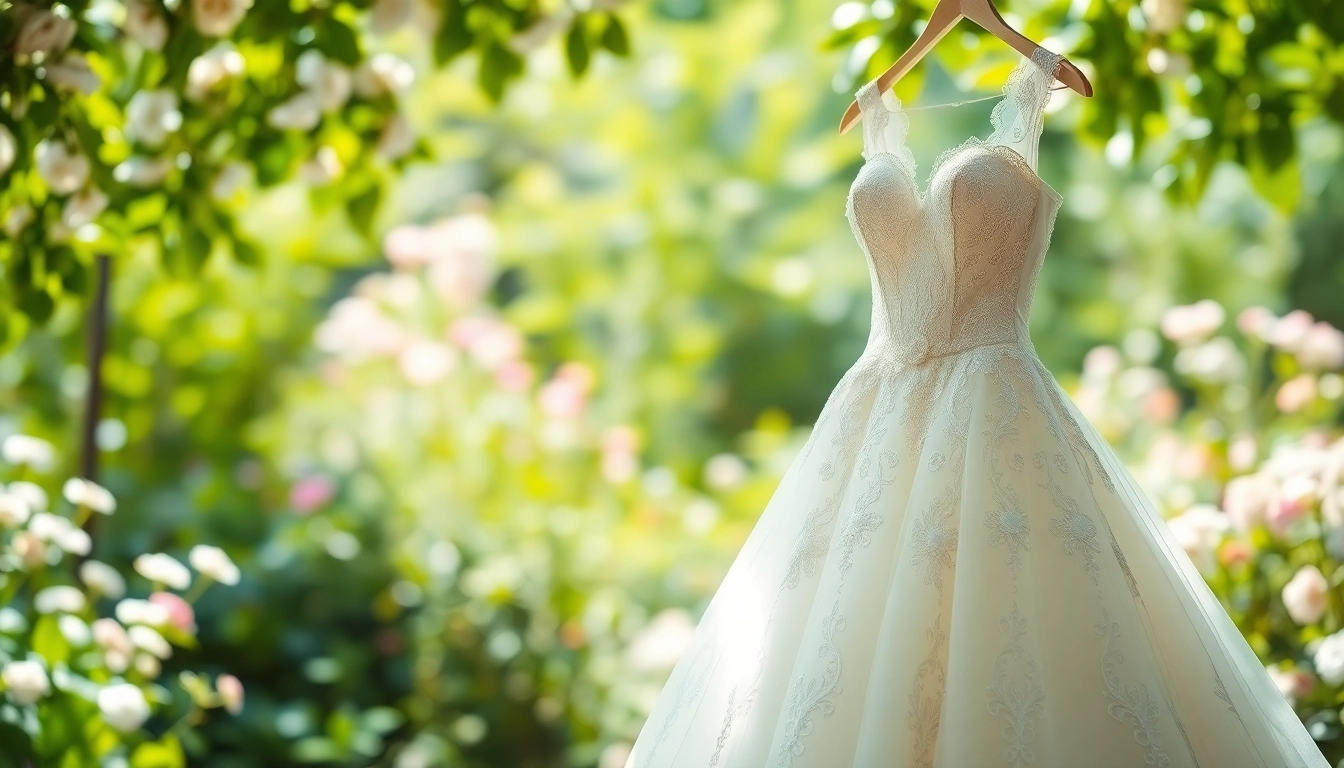 Stylish bridal gown by Rebel Designerwear showcased in a beautiful garden setting.