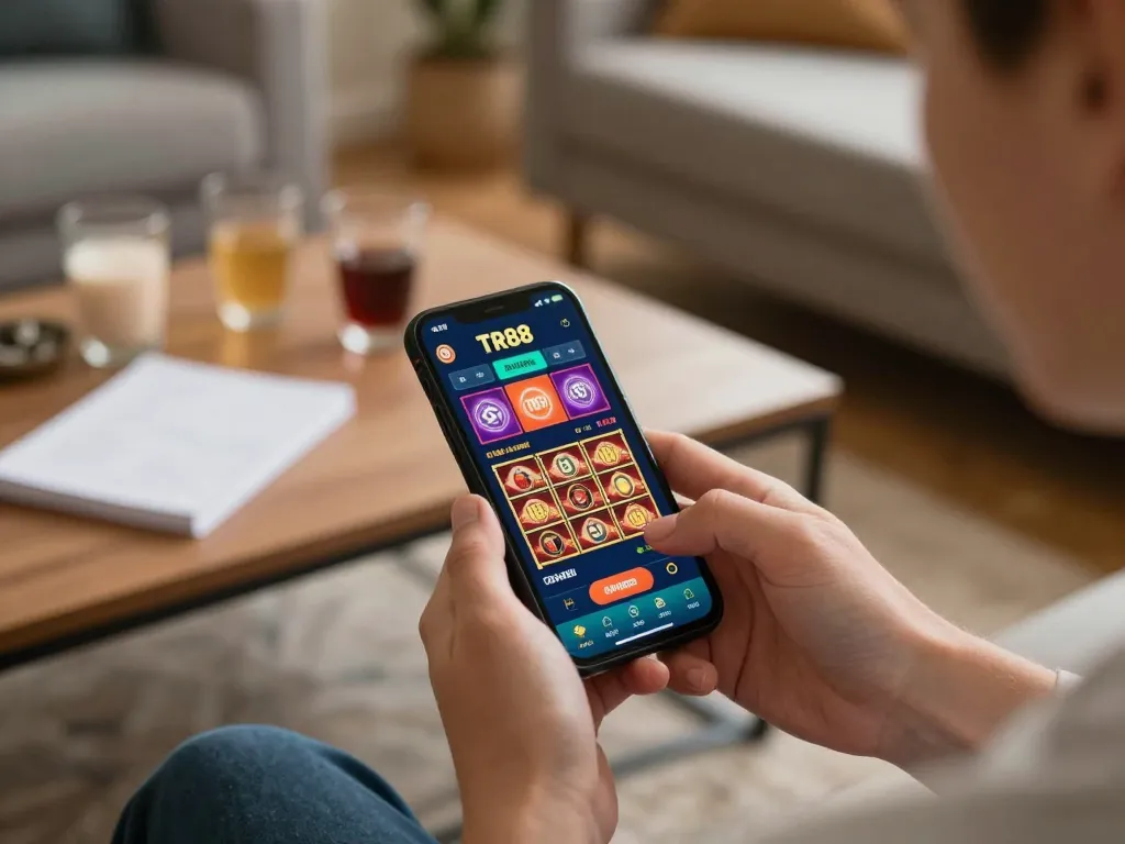 Player engaging with tr88 casino app on smartphone in a cozy home setting, showcasing responsible gaming.