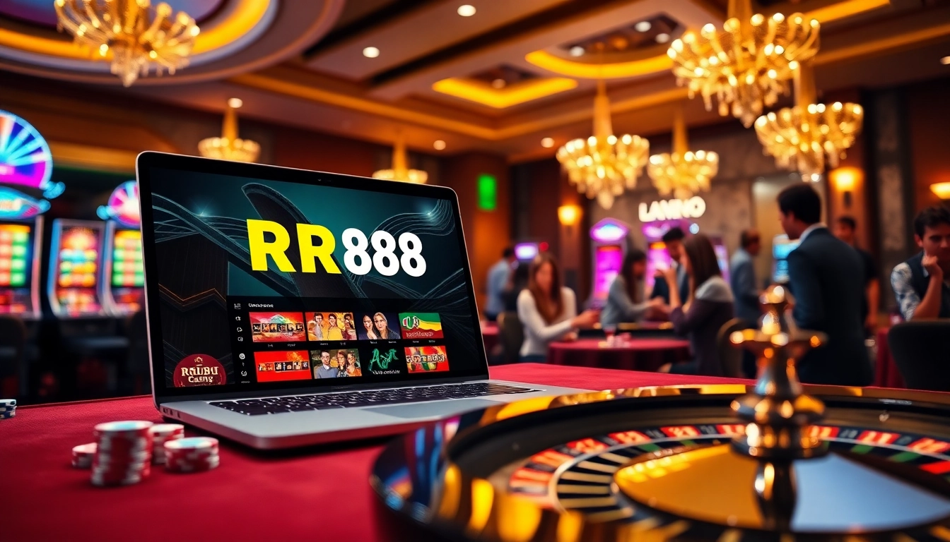 Players enjoying thrilling RR88 online casino games with vibrant slot machines and poker chips.