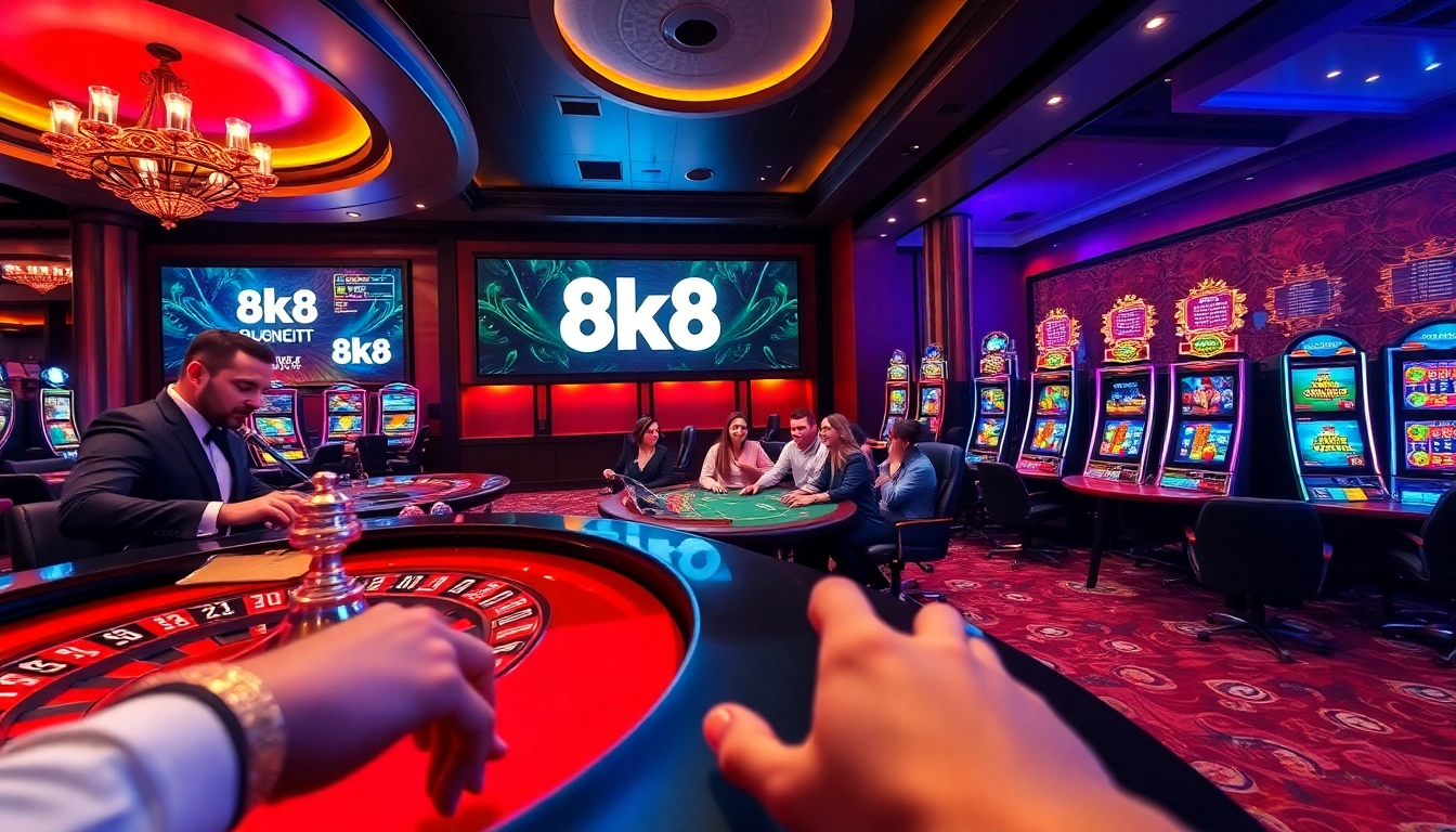 The exhilarating gaming experience at 8k8 casino with vibrant tables and excited players.