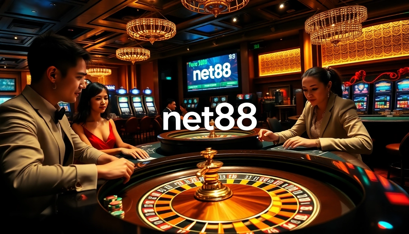 Gamblers excitingly play at a poker table with net88 branding, showcasing high-stakes action.