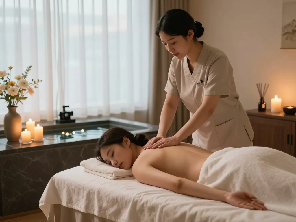 Relaxing 강남마사지 scene in a luxury spa with soothing lights and tranquil atmosphere.