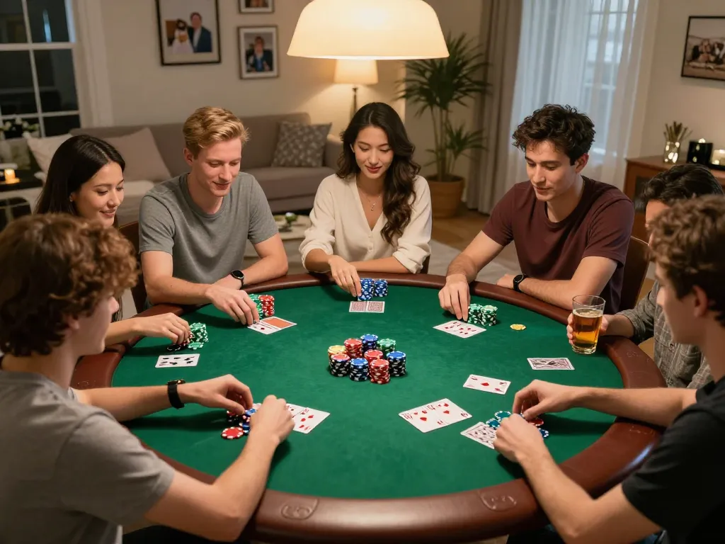 Friends enjoying a poker game night at home, showcasing strategic play and enjoyment at sky88pl.