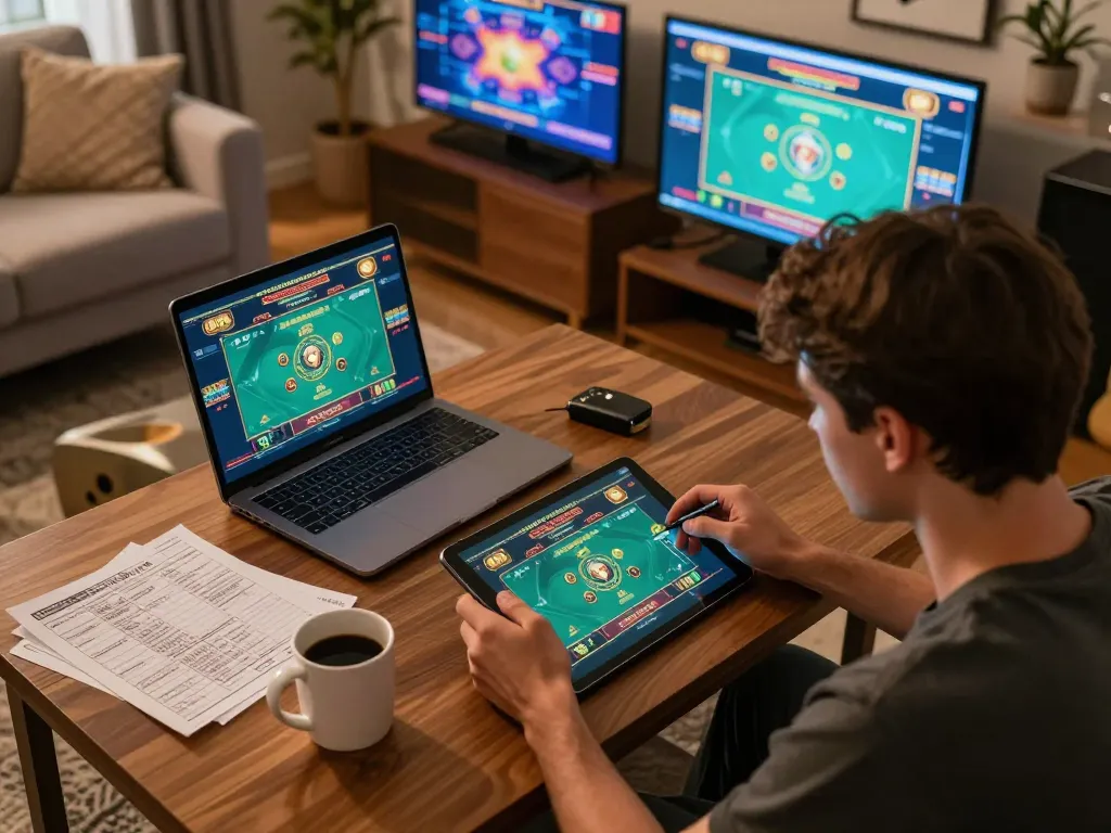 Engaged user exploring kp88 online casino on a tablet, cozy home setting with strategic notes.