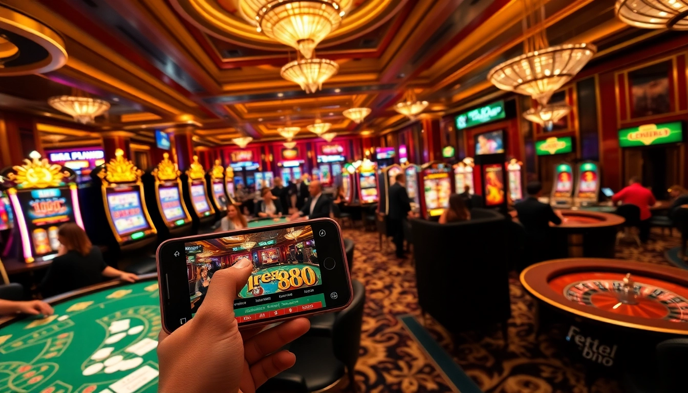 Mega888 players enjoy a thrilling casino experience with vibrant slot machines and poker tables.