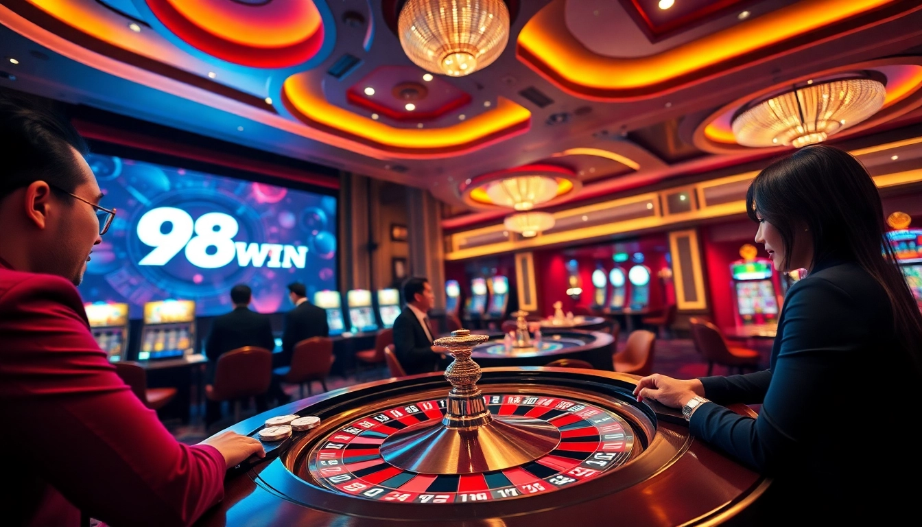 Experience an exciting casino atmosphere with 98WIN, featuring roulette and poker action.