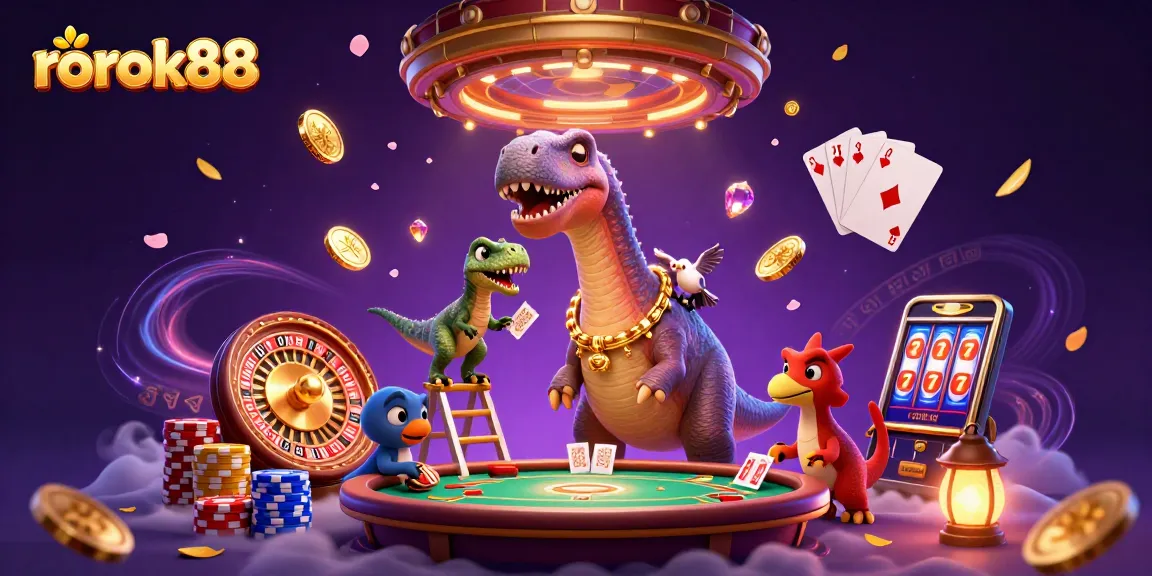rokok88 showcases a whimsical casino scene with a dinosaur dealer and vibrant game elements.