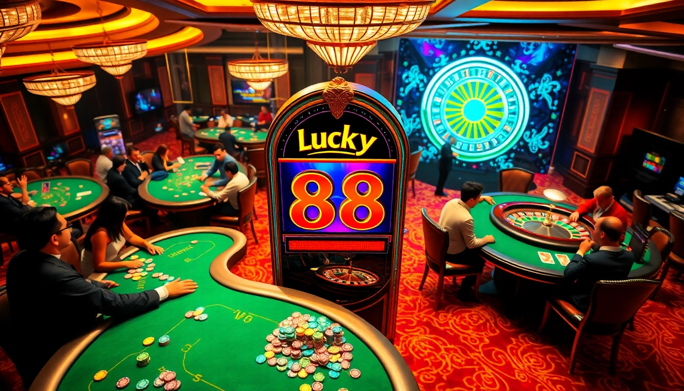 The lucky88 slot machine brings excitement to high-stakes casino play, surrounded by vibrant betting activity.