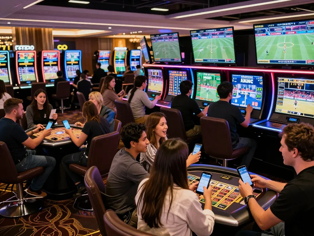 Sin88 sports betting action with enthusiastic bettors using mobile apps in a modern casino