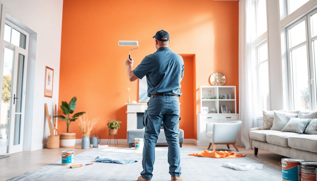 Experienced painting contractors skillfully painting a vibrant residential interior with natural light.