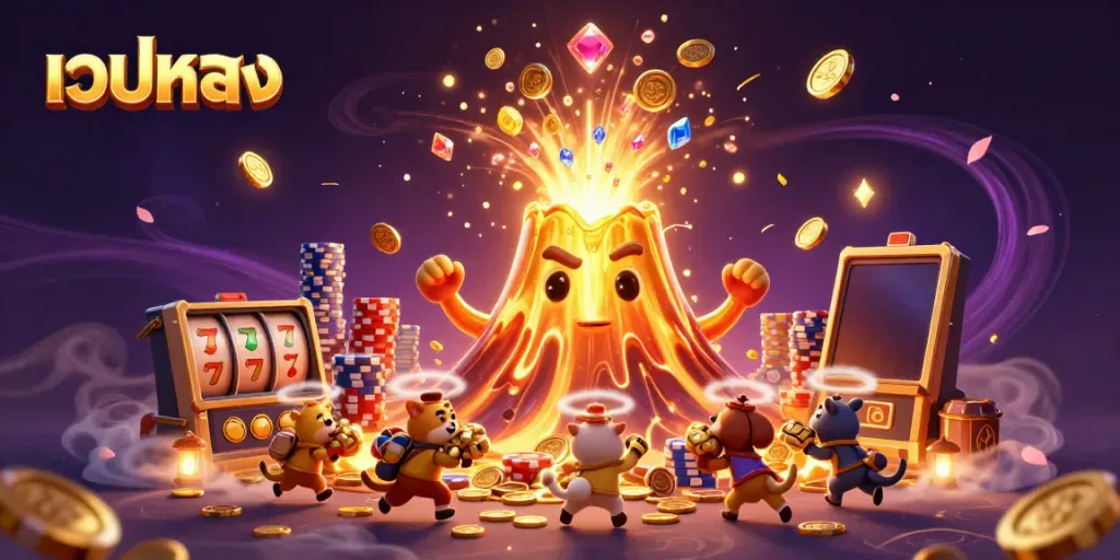 Engage in thrilling slot play at เว็บตรง with dynamic 3D visuals of coins and treasures flying across the scene.