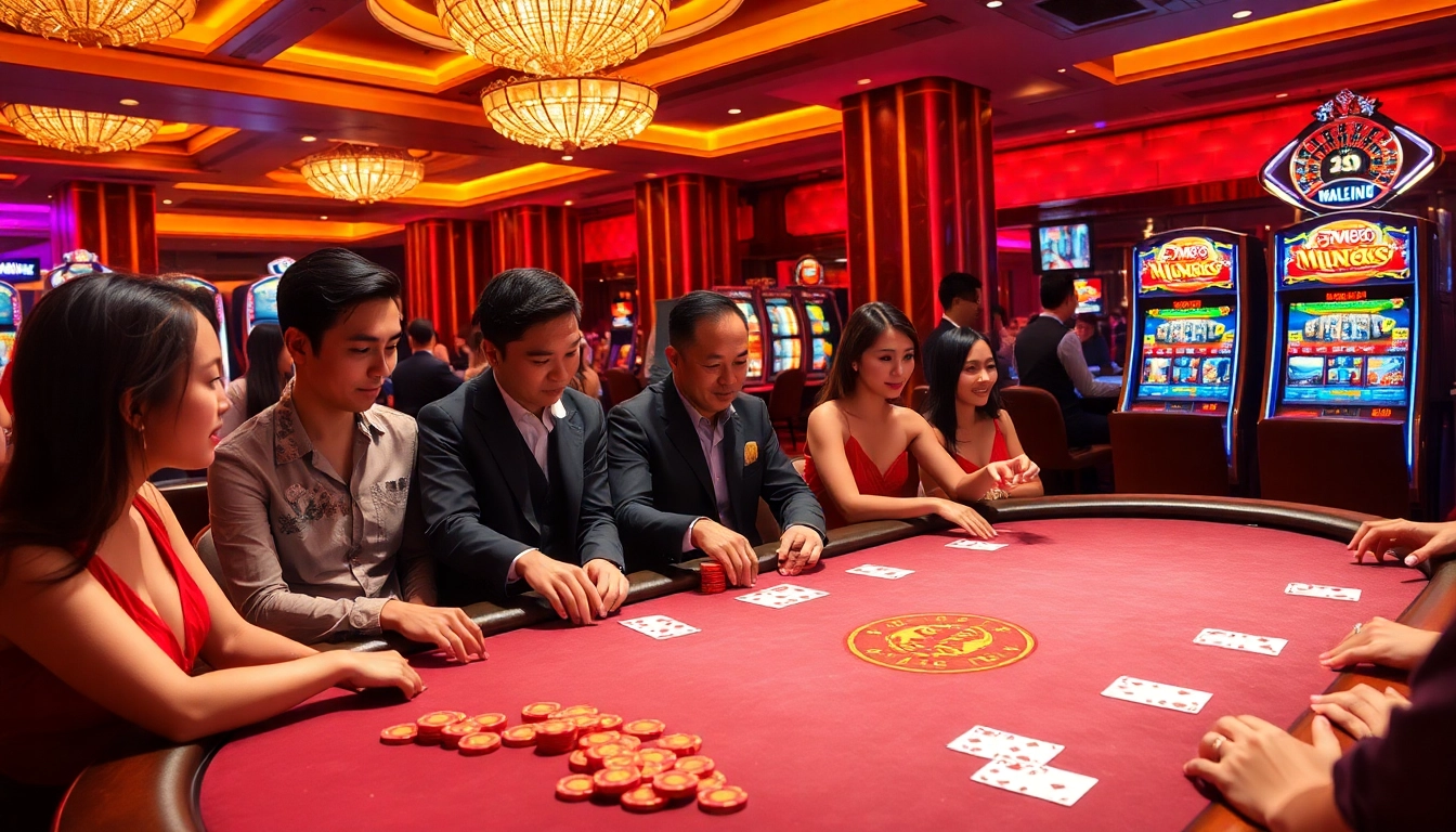 Experience the excitement of MM888 with vibrant gaming tables and luxury casino elements.