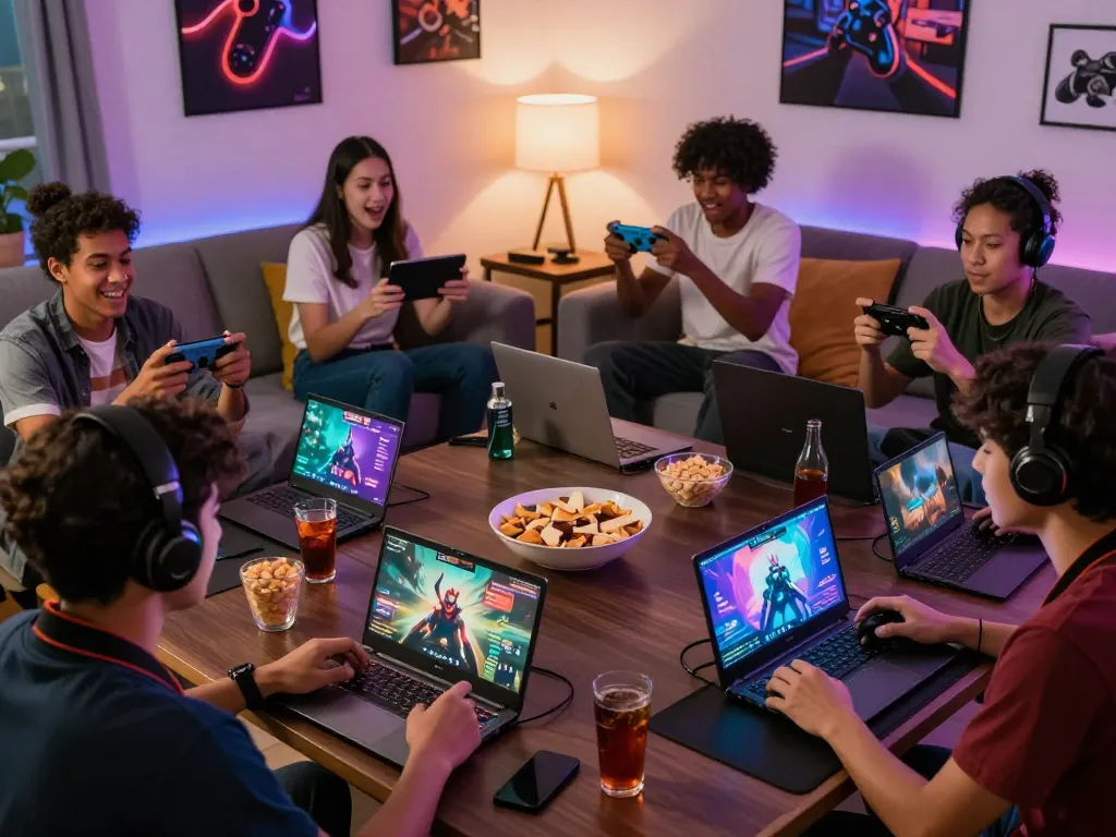 Engaged players enjoying mobile games at home, showcasing camaraderie and excitement for www.mantra88.com.