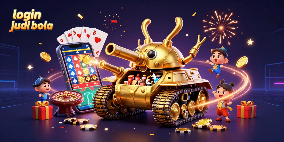 Experience login judi bola with a vibrant 3D illustration showcasing a golden beetle tank mini casino, lively game elements, and festive confetti.