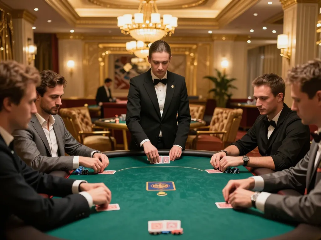 Players engage in intense poker at F168VIP, showcasing strategy and skill in luxurious casino.