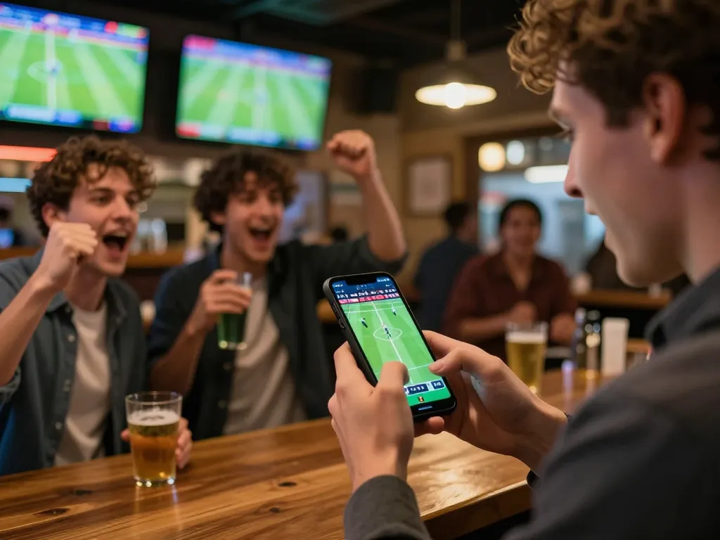 Excited user placing live sports bets on OKFUN during a thrilling match.