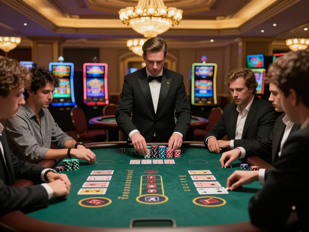 Players engage in a strategic blackjack game at UG88 casino, showcasing professional dealer and ambient lighting.