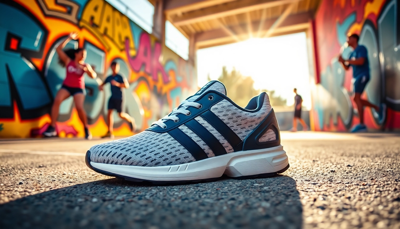 Admire stylish Adidas Flux shoes showcased on adidasfluxpascher.fr amidst vibrant urban backdrop.
