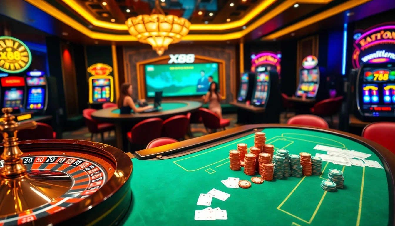 X88 Casino excitement with a roulette wheel and poker chips on a vibrant table.