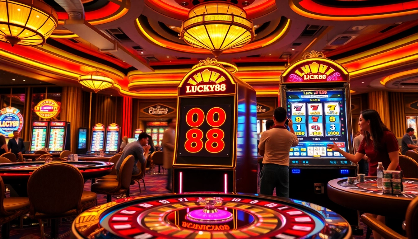 Players enjoying the LUCKY88 slot machine amidst a luxurious casino atmosphere.