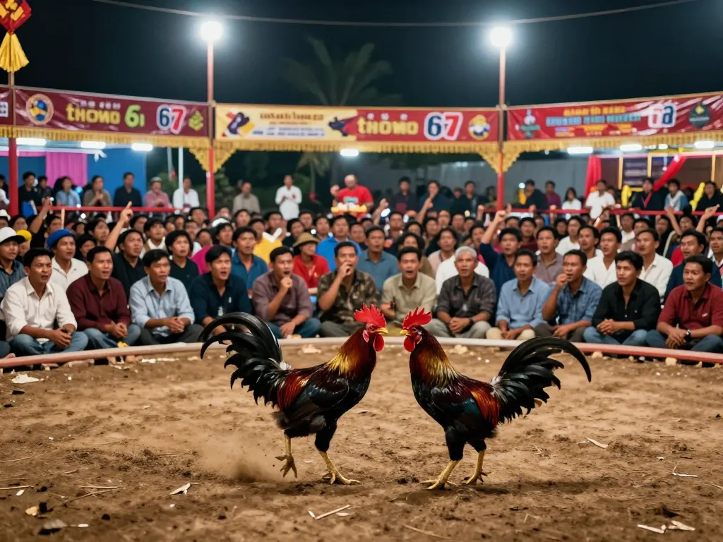 Watch the thrilling action of đá gà thomo 67 as spectators engage in live betting amidst an electrifying cockfight arena.
