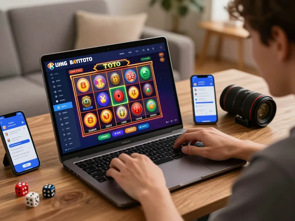 BAYITOTO ~ Login Link Agen Toto Slot 4D Resmi & Toto Togel Online Yang Mudah Jackpot Malam Ini features a player engaged in dynamic online gaming, showcasing the thrill and excitement of Toto slots.