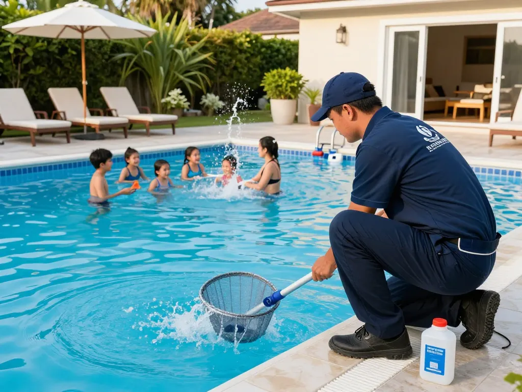 Dolphin Pool Services pool technician performing maintenance while family enjoys the sun