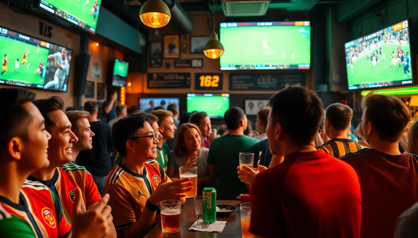 Exciting sports betting community experience at 토토스토리 with patrons celebrating games.