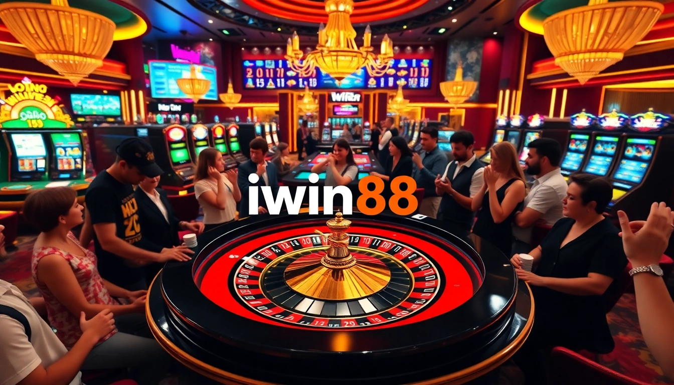 Iwin68 players enjoying a thrilling casino experience at a roulette table surrounded by colorful slot machines.