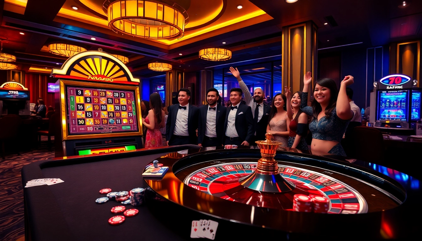 Naga99 gaming excitement at a luxury casino with roulette, slots, and happy players.