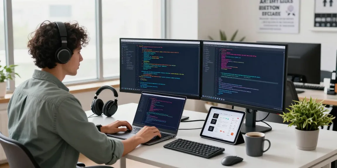 Modern workspace featuring a developer coding at a standing desk, 纸飞机中文版官网 resources visible, energetic and collaborative tech atmosphere.
