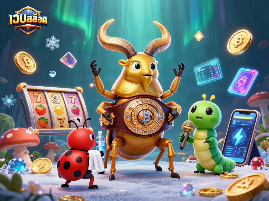 Engage in เว็บสล็อต action with a giant golden stag beetle and vibrant slot elements.