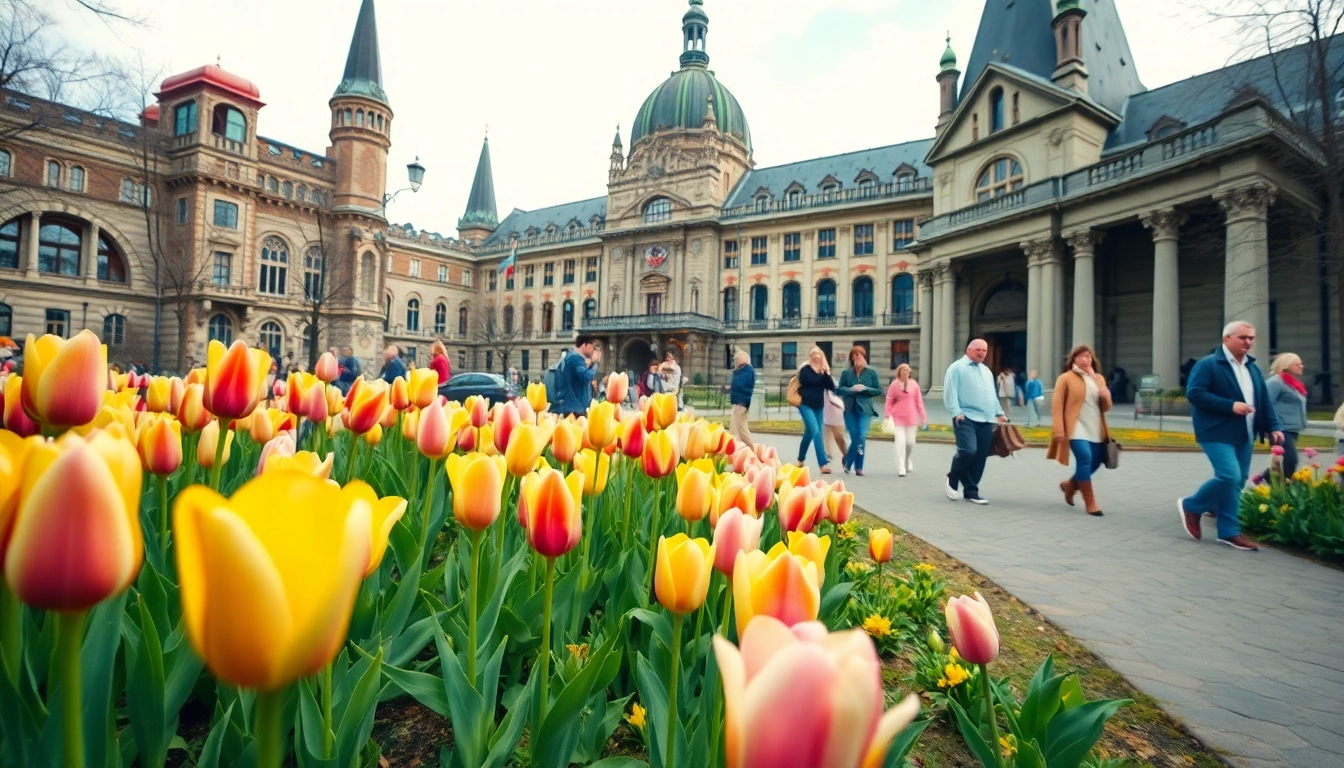 Discover the Magic of Ottawa with vibrant tulips and historic architecture in a lively spring scene.