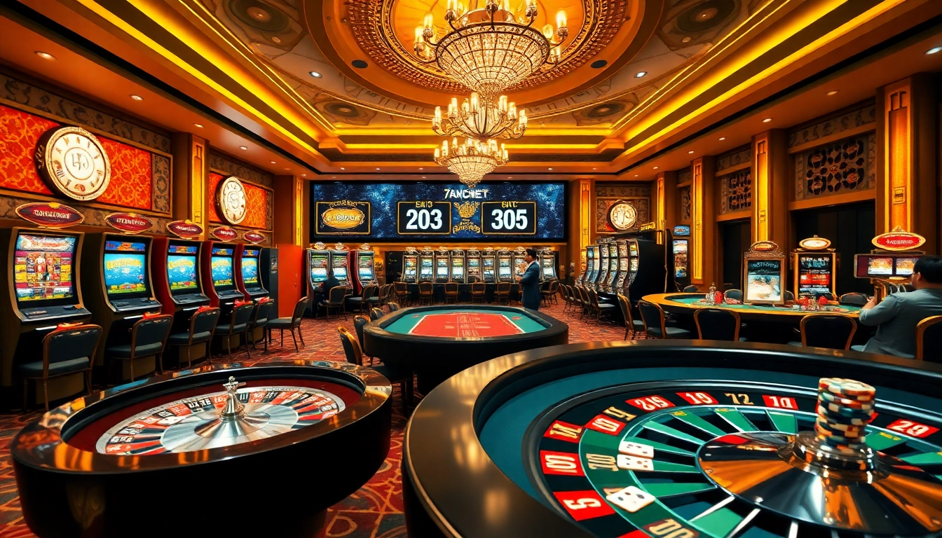 Gambler placing bets at a luxury casino scene featuring 789bets slot machines and poker tables.