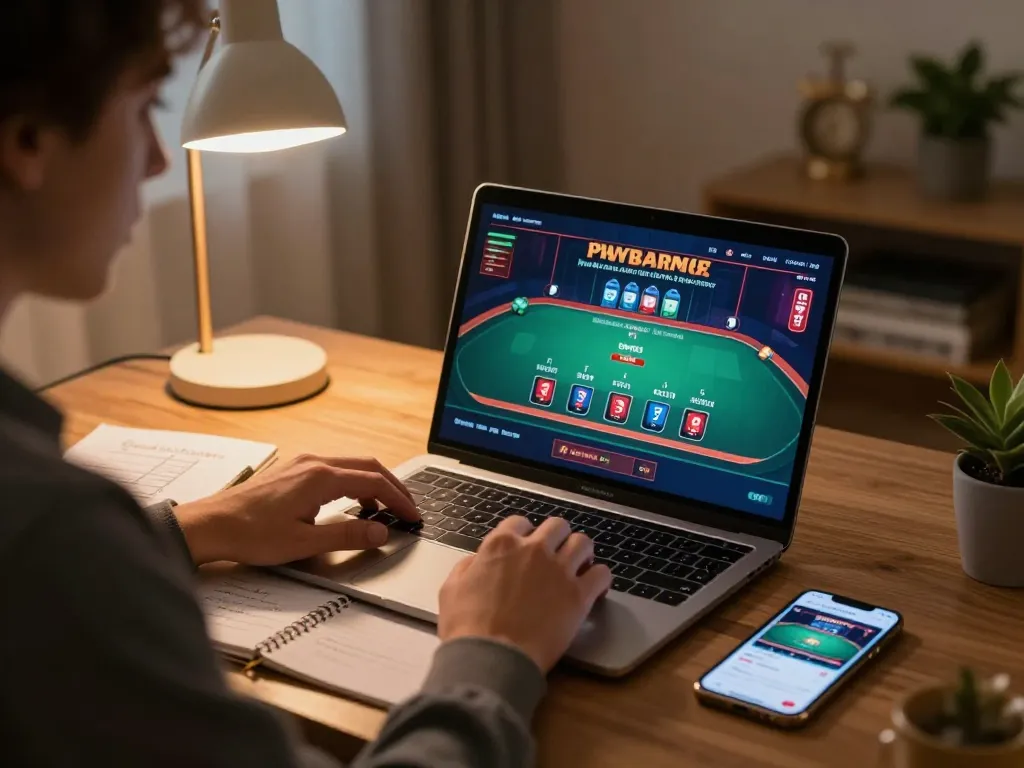Player engaging with 9bet live dealer game on laptop, reflecting strategic online gambling.