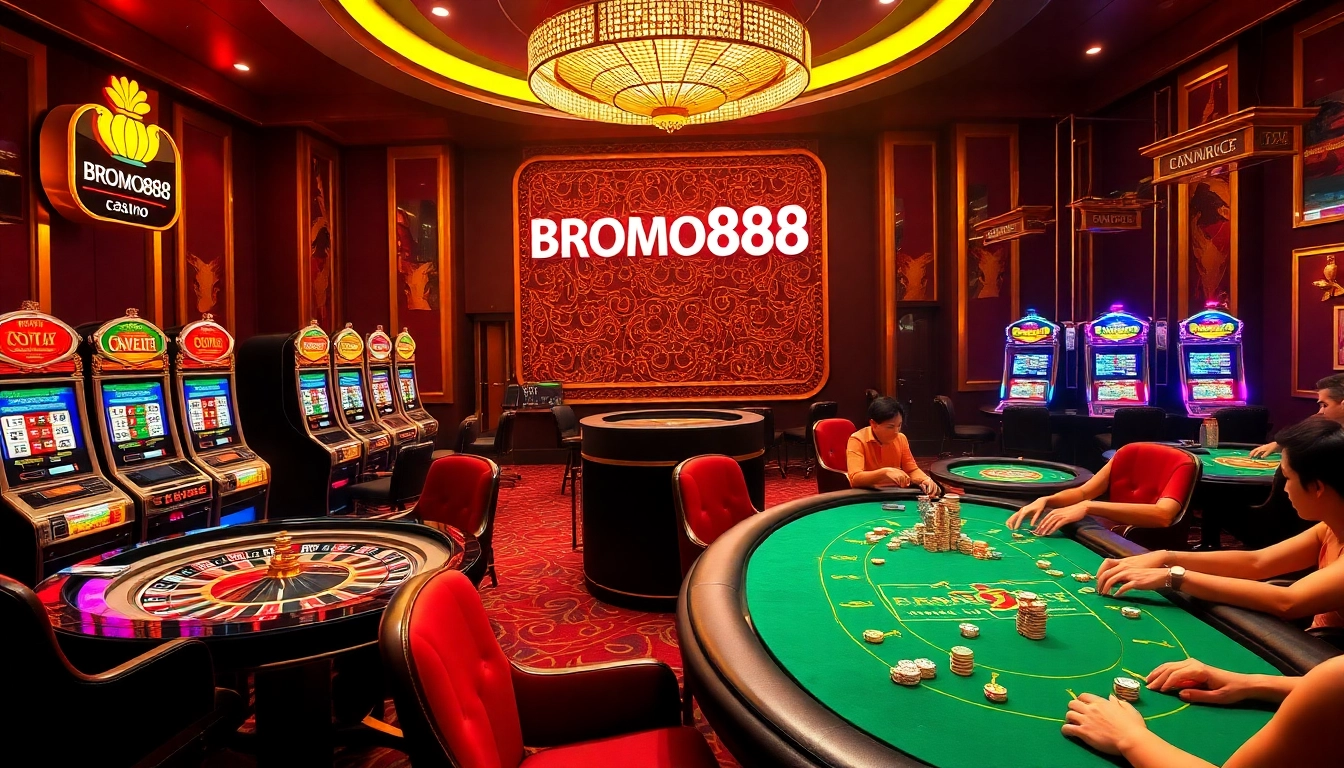 Experience the thrill of BROMO888 with luxurious casino tables and vibrant slot machines.
