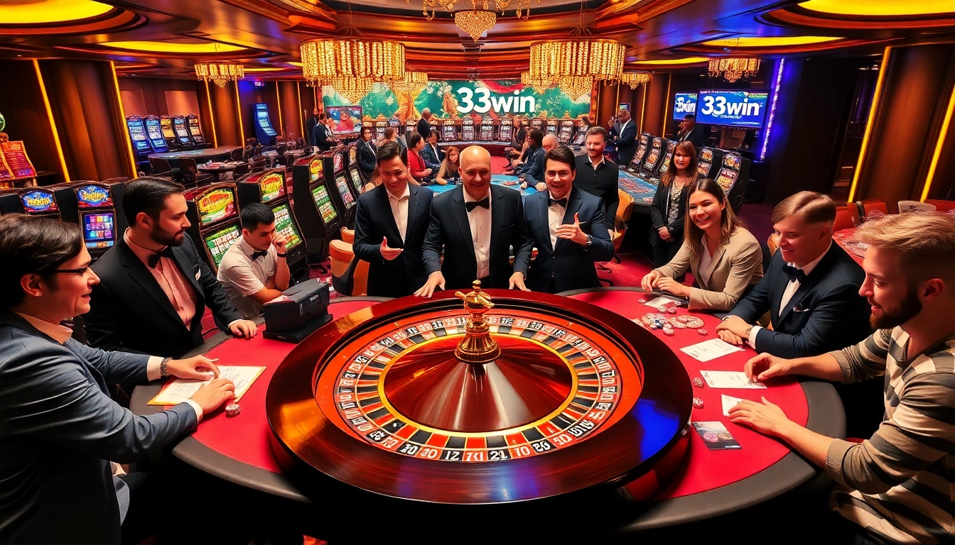 Players engaging in high-stakes gambling at 33win casino with vibrant roulette wheel.