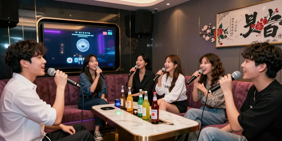 강남가라오케 분위기 좋은 고급 룸에서 친구들과 함께 노래를 즐기는 모습